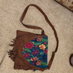 Floral Embroidered Brown Crossbody Bag